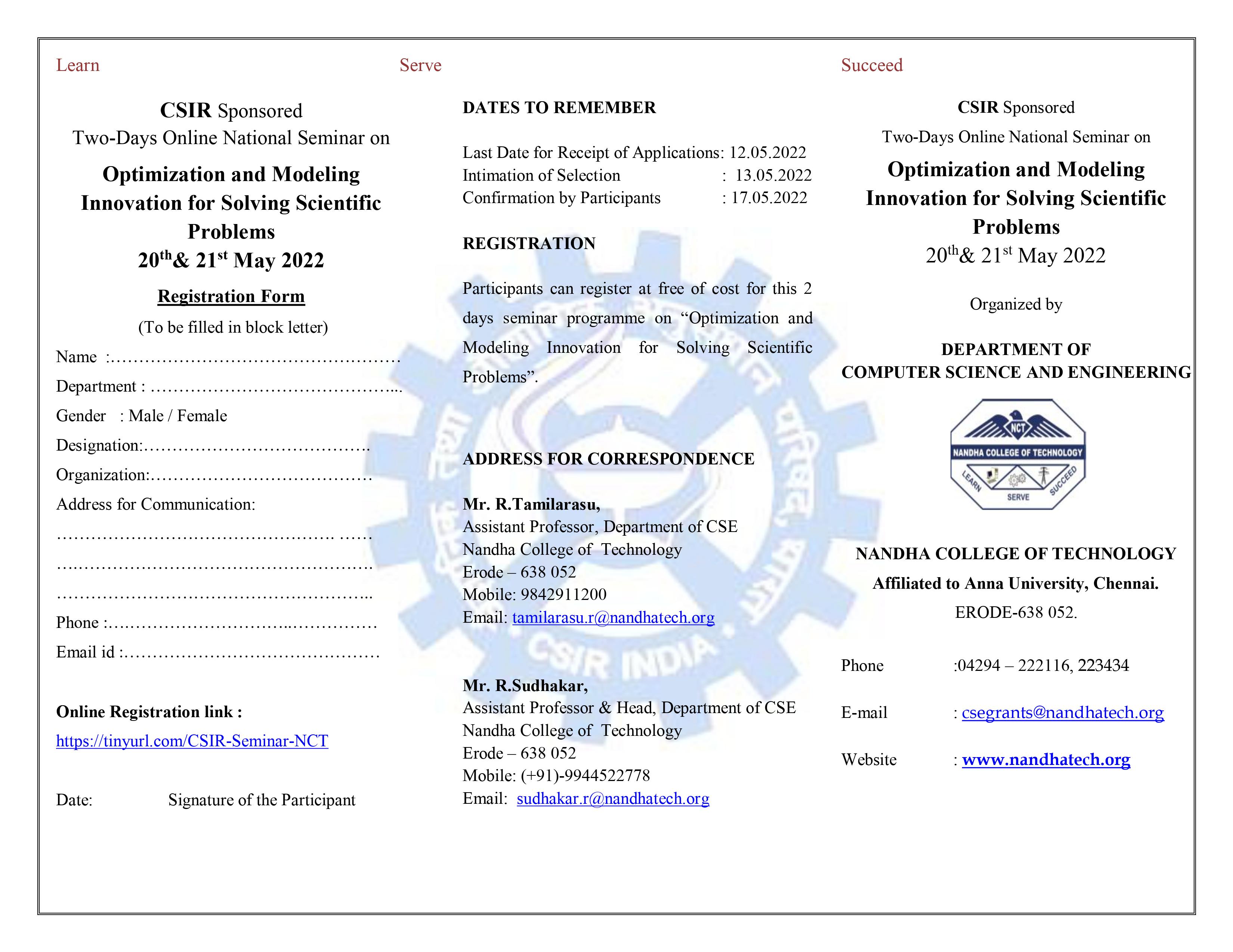 National Level Seminar on Optimization and Modeling Innovation for Solving Scientific Problems 2022